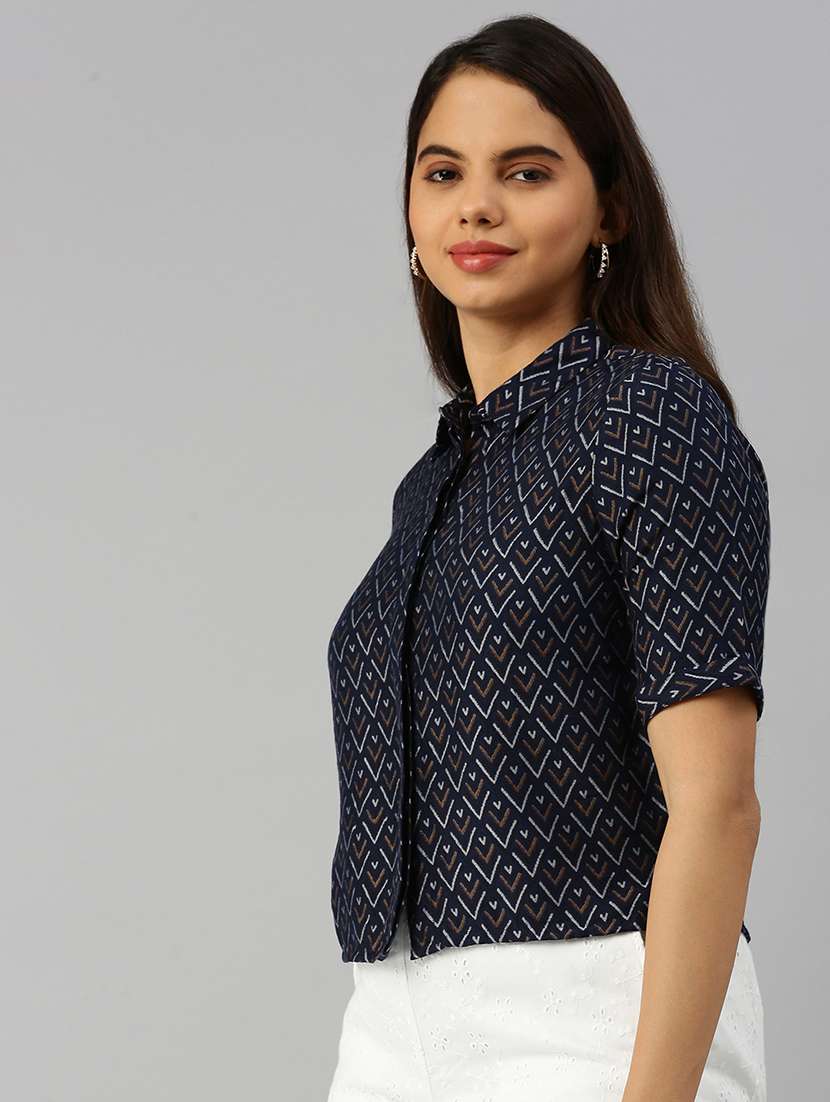 women printed collared short sleeve crop shirt - 20551777 - Standard Image - 2