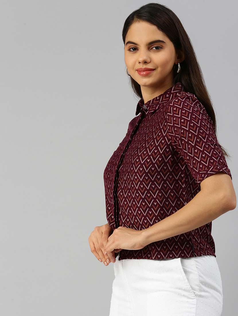 women printed collared short sleeve crop shirt - 20551778 - Standard Image - 2