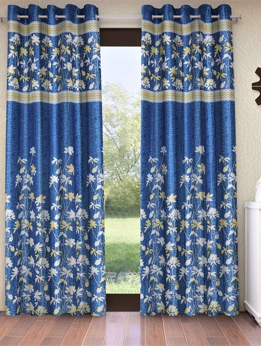 home sizzler 2 piece flower border panel eyelet polyester blue long door curtains - 20553500 -  Zoom Image - 0