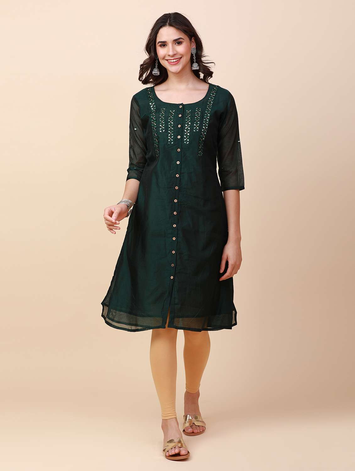 women button detailed embroidered a-line kurta