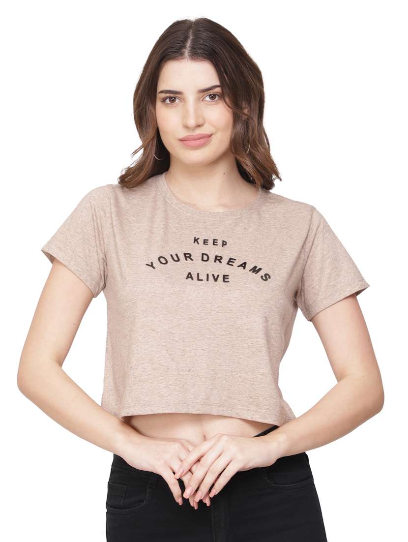 women round neck chest print crop t-shirt