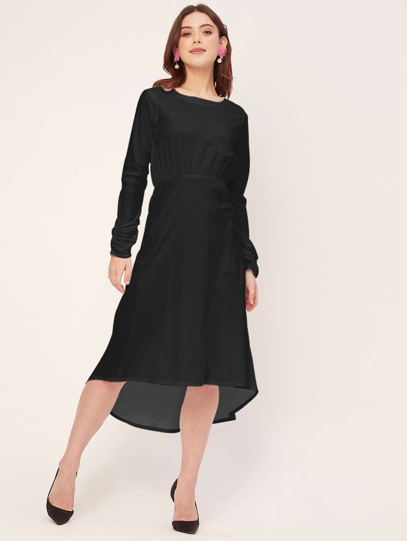 women solid long sleeves high-low dress