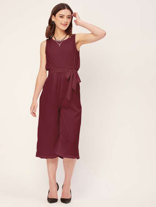 women solid waist tie up jumpsuit - 20555361 - Standard Image - 0