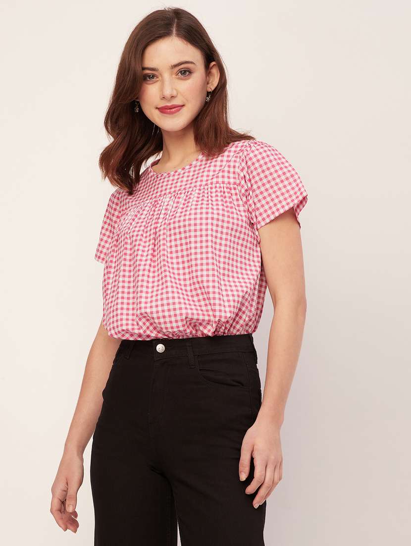 women checked front pleated casual top