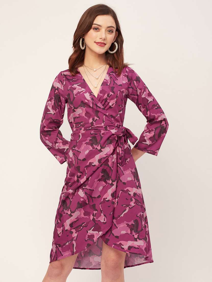 women printed wrap short dress