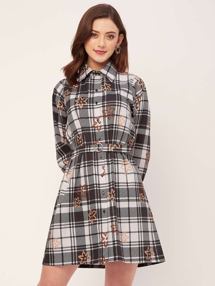 women checked belted a-line dress