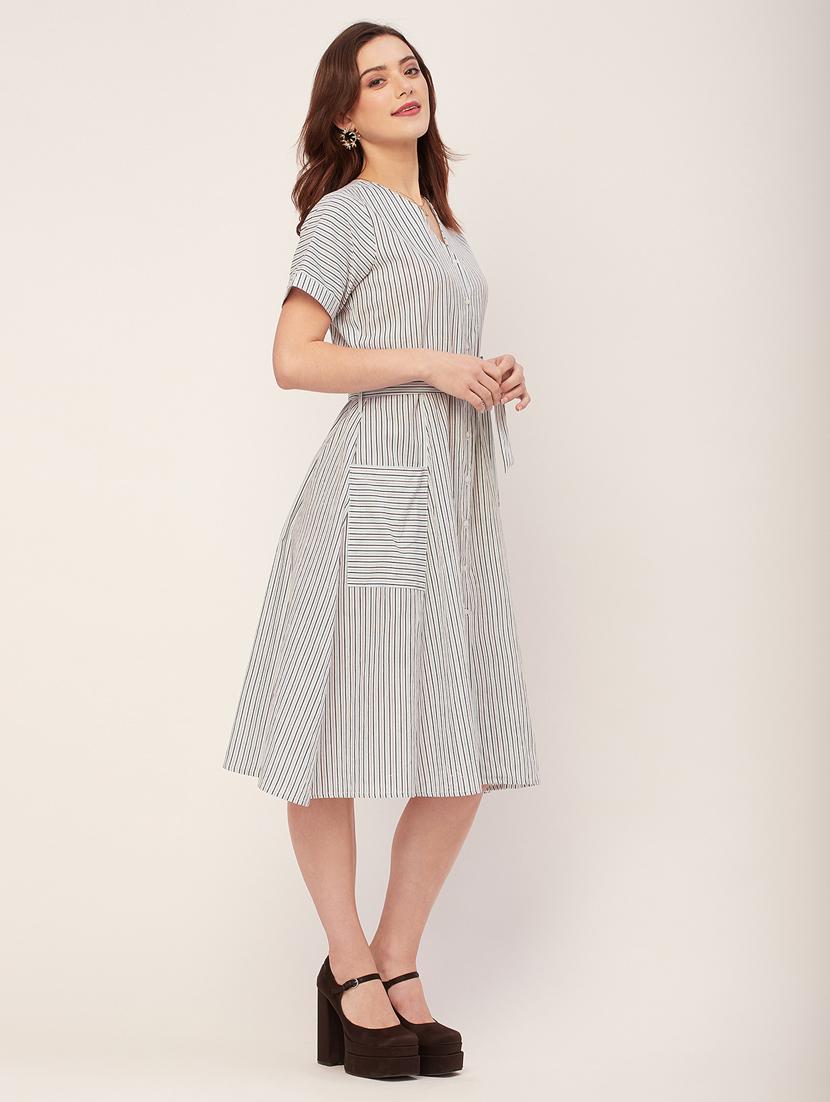 women striped buttoned a-line dress - 20555379 - Standard Image - 2