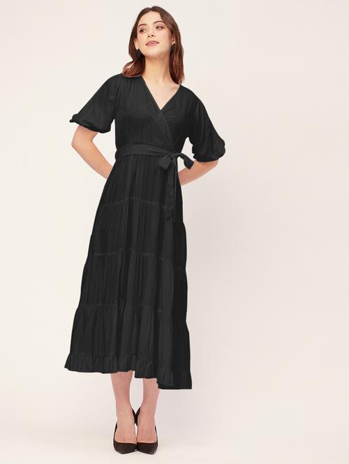 women solid overlap neck tiered dress - 20555382 - Standard Image - 0
