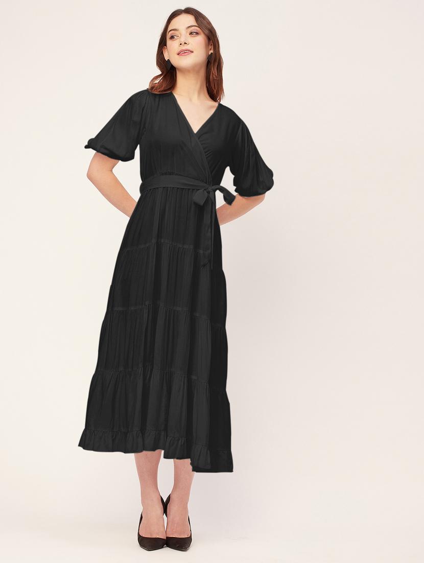women solid overlap neck tiered dress - 20555382 - Zoom Image - 0