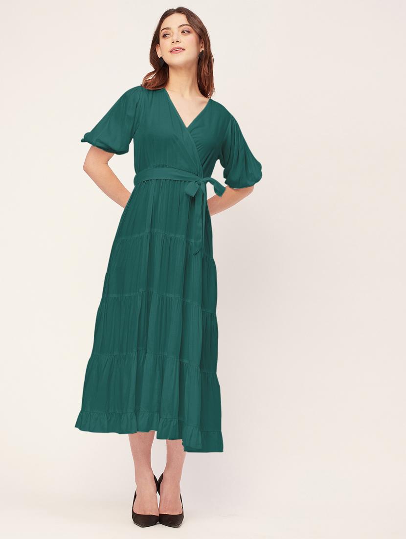 women solid overlap neck tiered dress  - 20555385 -  Zoom Image - 0