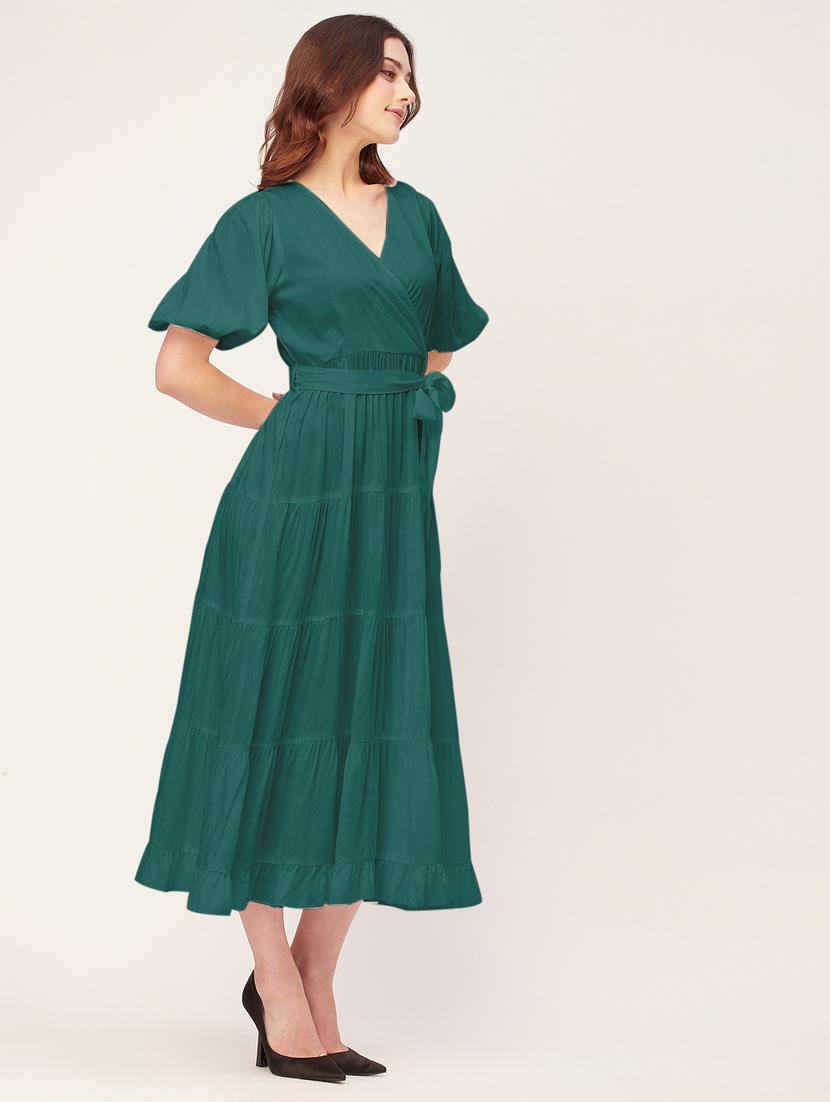 women solid overlap neck tiered dress - 20555385 - Standard Image - 2