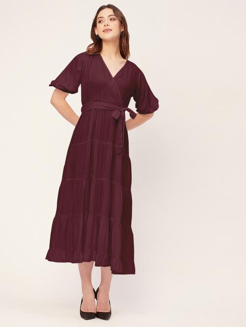 women solid overlap neck tiered dress - 20555386 - Standard Image - 0