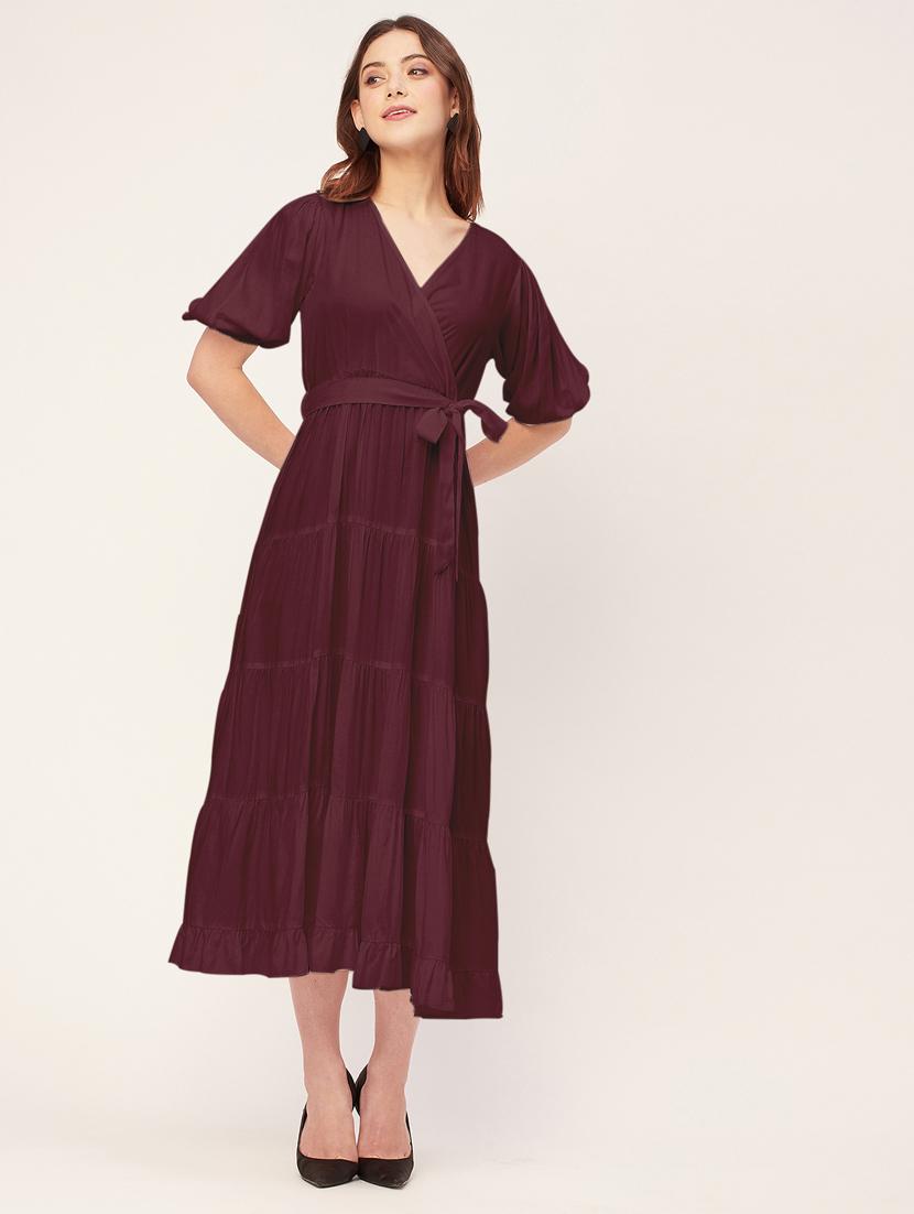 women solid overlap neck tiered dress - 20555386 - Zoom Image - 0
