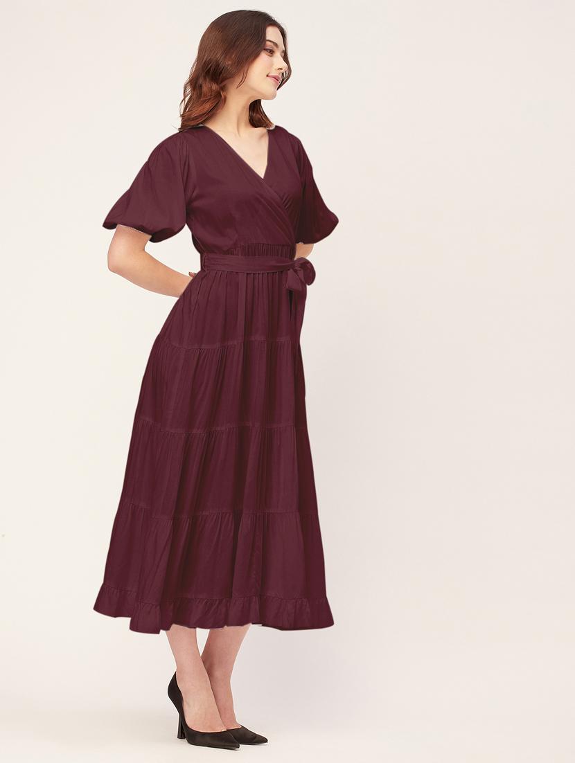 women solid overlap neck tiered dress - 20555386 - Standard Image - 2