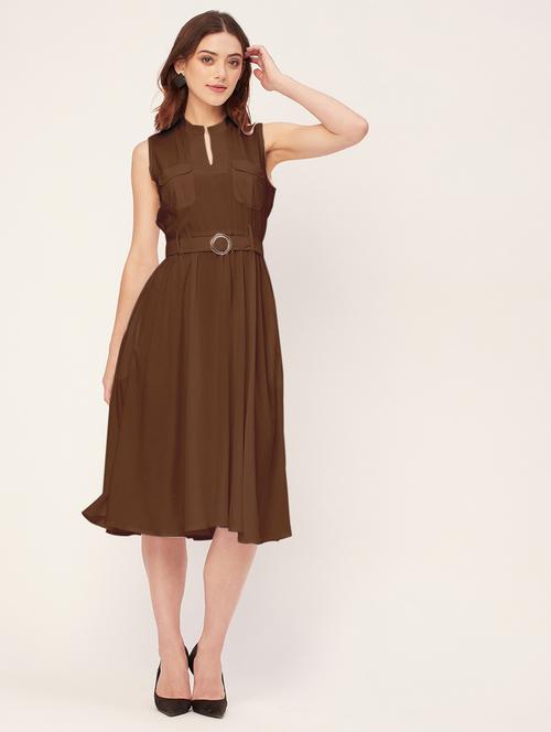 women solid mandarin neck belted dress - 20555414 - Standard Image - 0