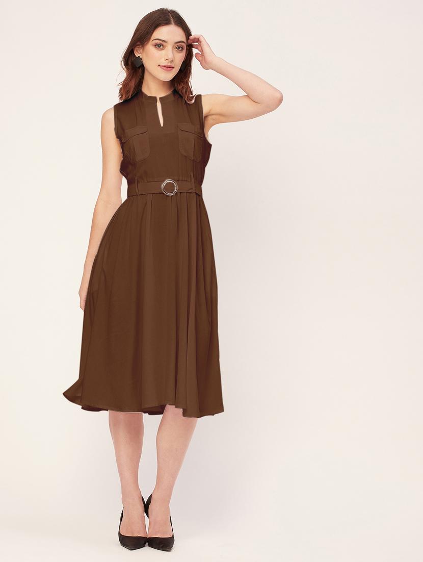 women solid mandarin neck belted dress - 20555414 - Zoom Image - 0