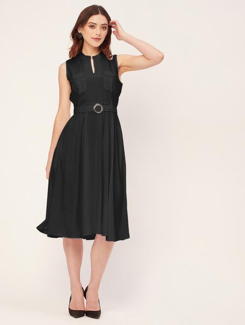 women solid mandarin neck belted dress - 20555415 - Standard Image - 0