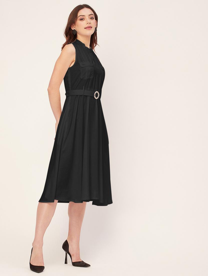 women solid mandarin neck belted dress - 20555415 - Standard Image - 2