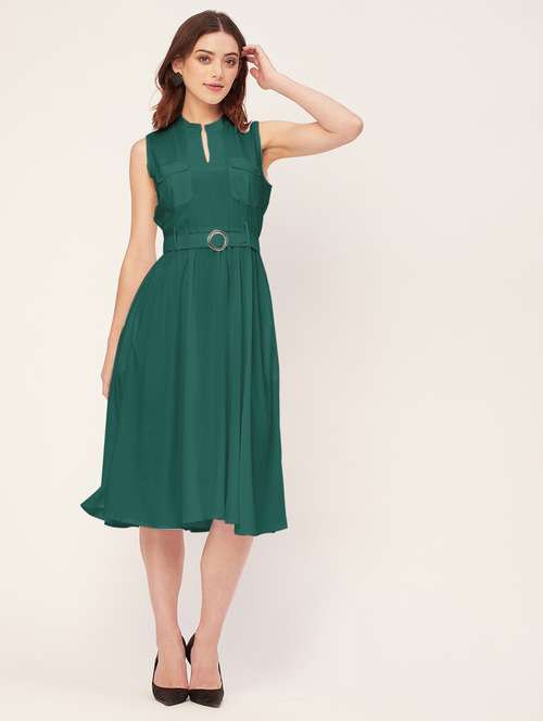women solid mandarin neck belted dress - 20555416 - Standard Image - 0