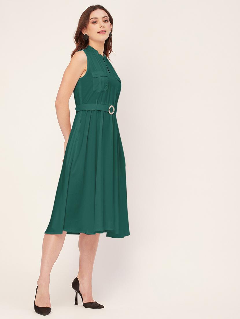women solid mandarin neck belted dress - 20555416 - Standard Image - 2