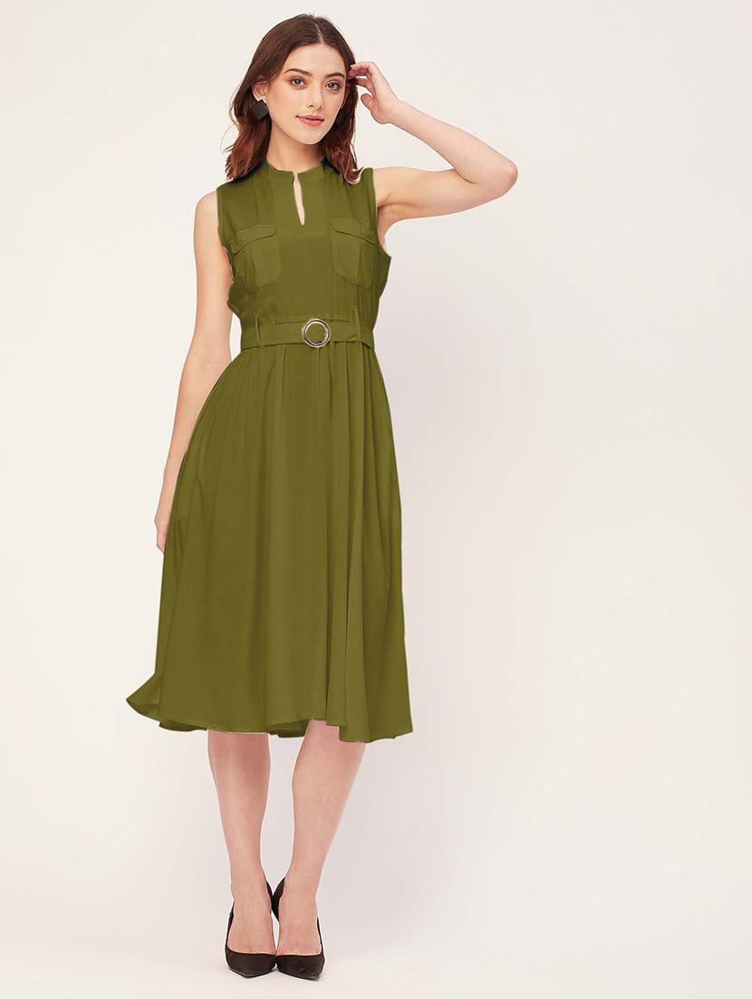 women solid mandarin neck belted dress - 20555417 - Zoom Image - 0