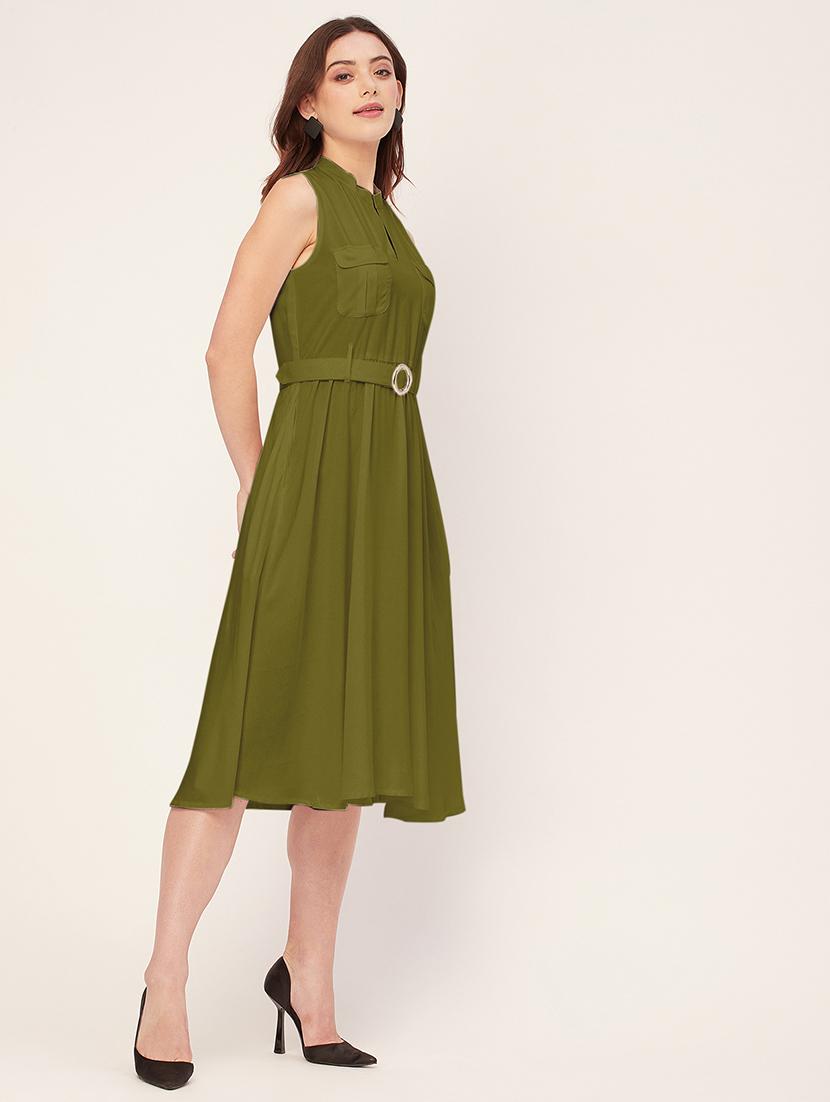 women solid mandarin neck belted dress - 20555417 - Standard Image - 2