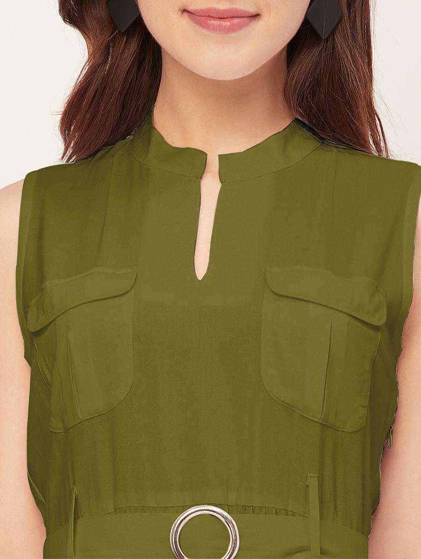 women solid mandarin neck belted dress - 20555417 - Standard Image - 7