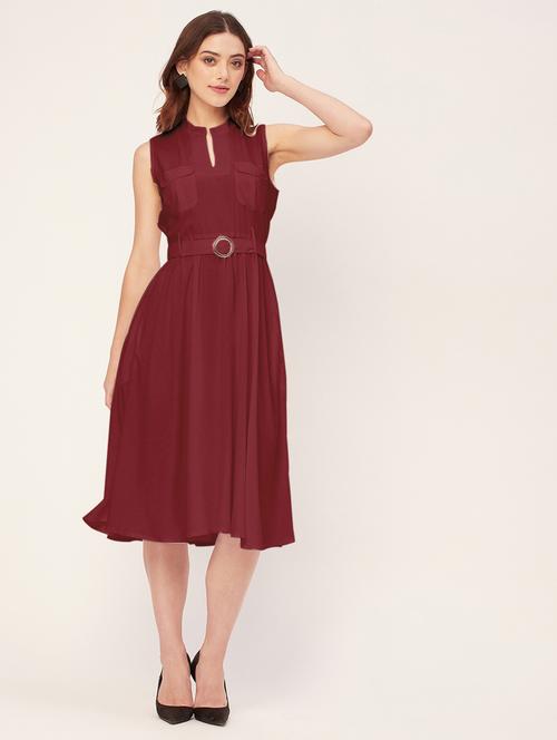 women solid mandarin neck belted dress  - 20555418 -  Standard Image - 0