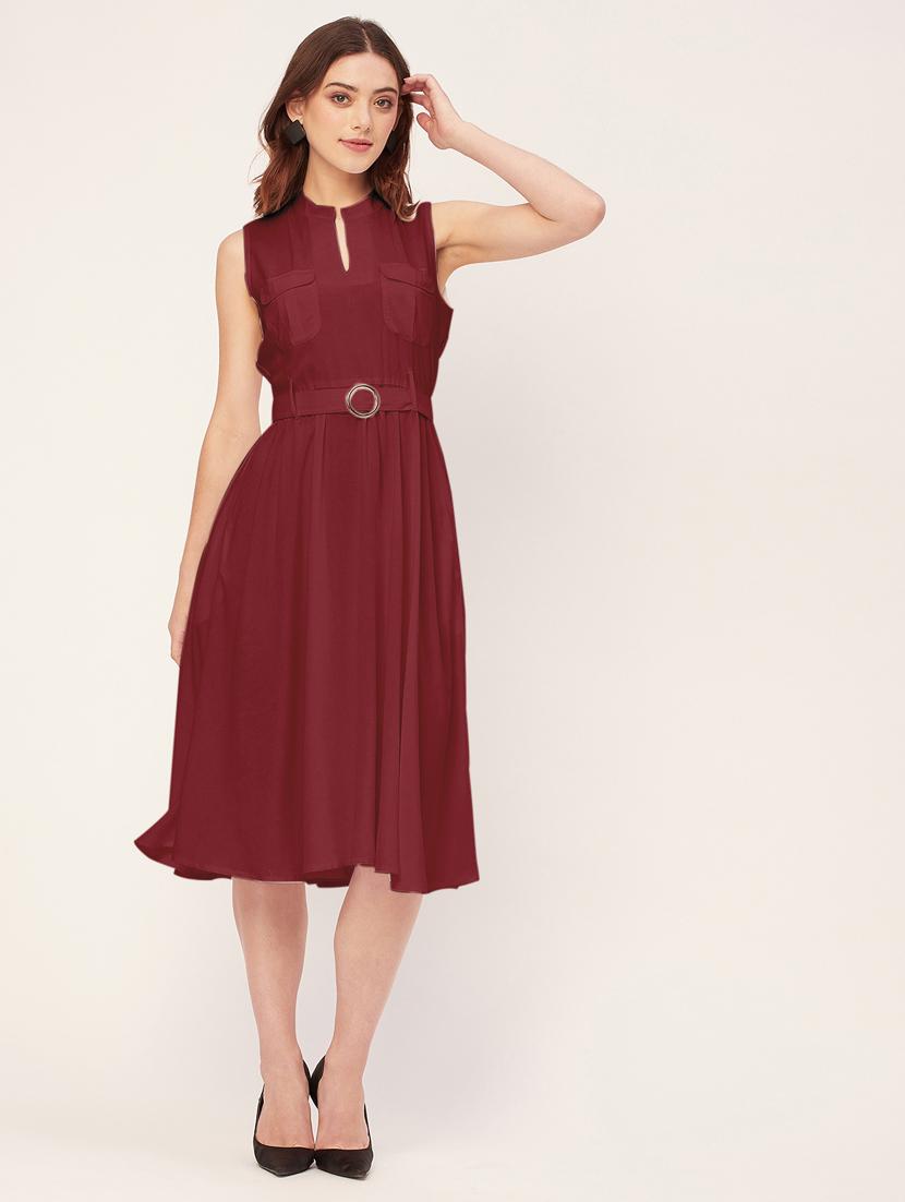 women solid mandarin neck belted dress  - 20555418 -  Zoom Image - 0