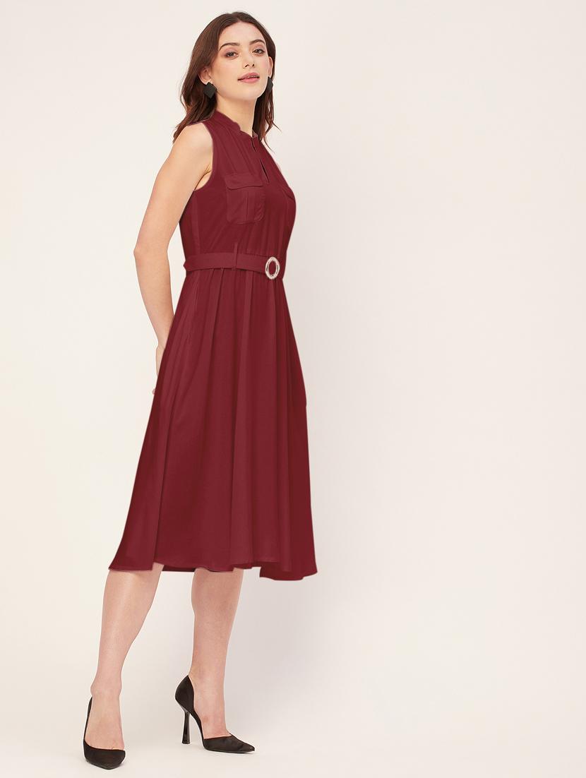 women solid mandarin neck belted dress - 20555418 - Standard Image - 2