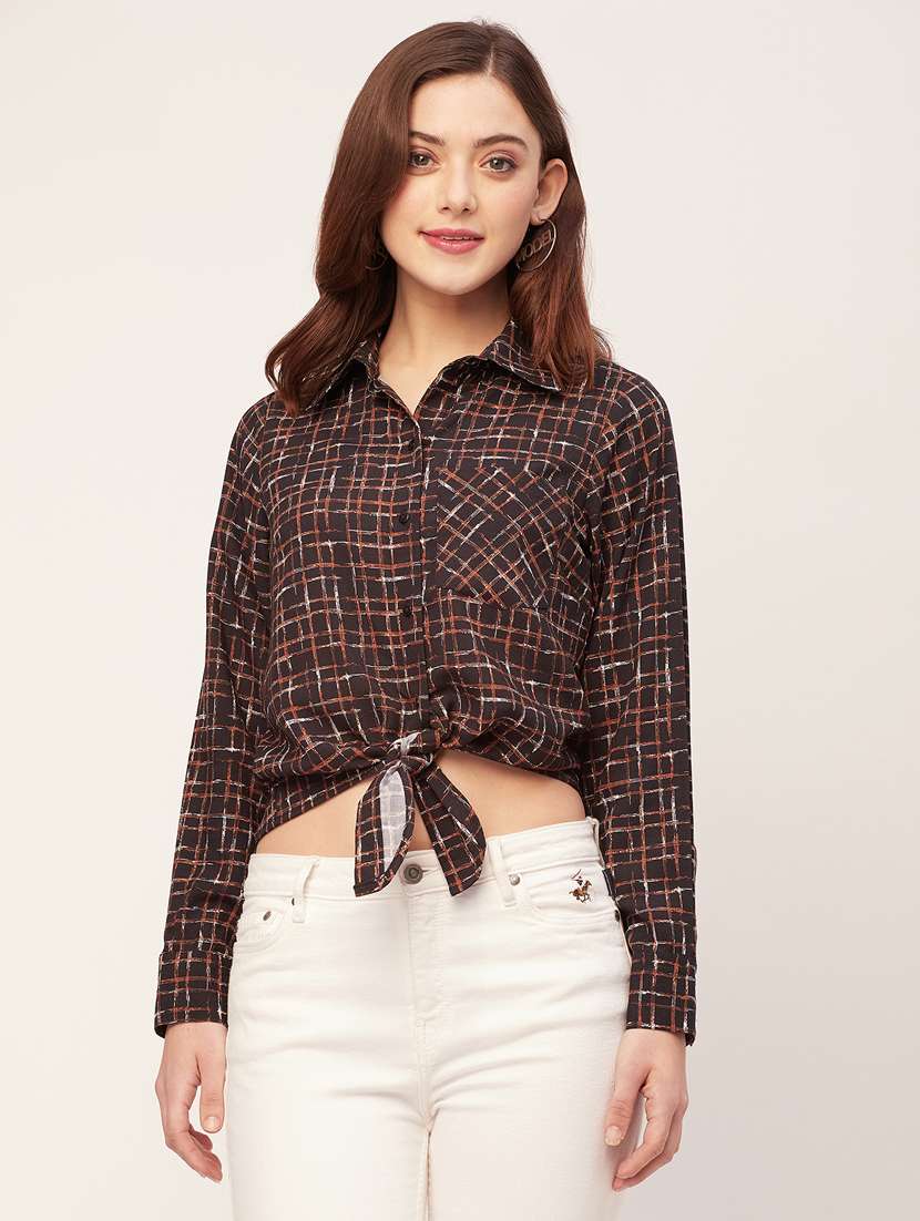 women checked front knot crop shirt
