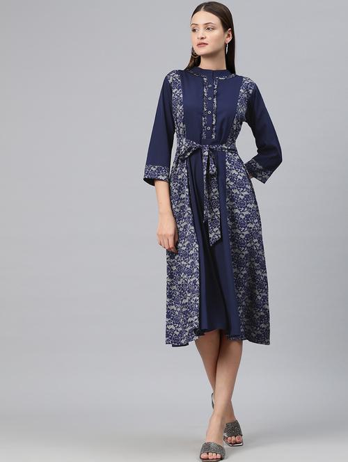 blue poly crepe aline dress - 20556366 -  Standard Image - 0