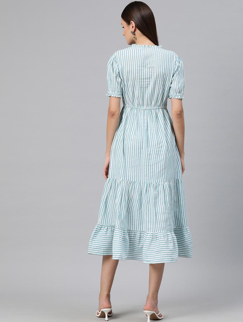 women striped puff sleeves tiered dress - 20556370 - Standard Image - 2