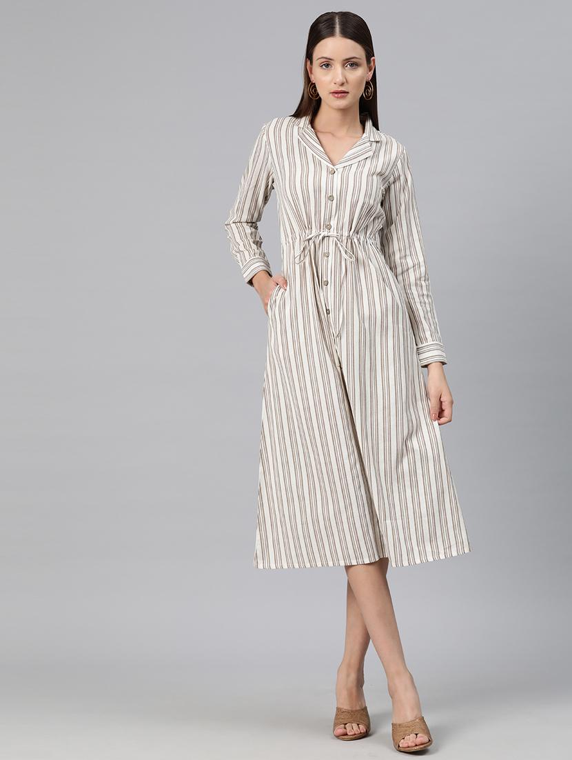 women striped lapel collar shirt dress