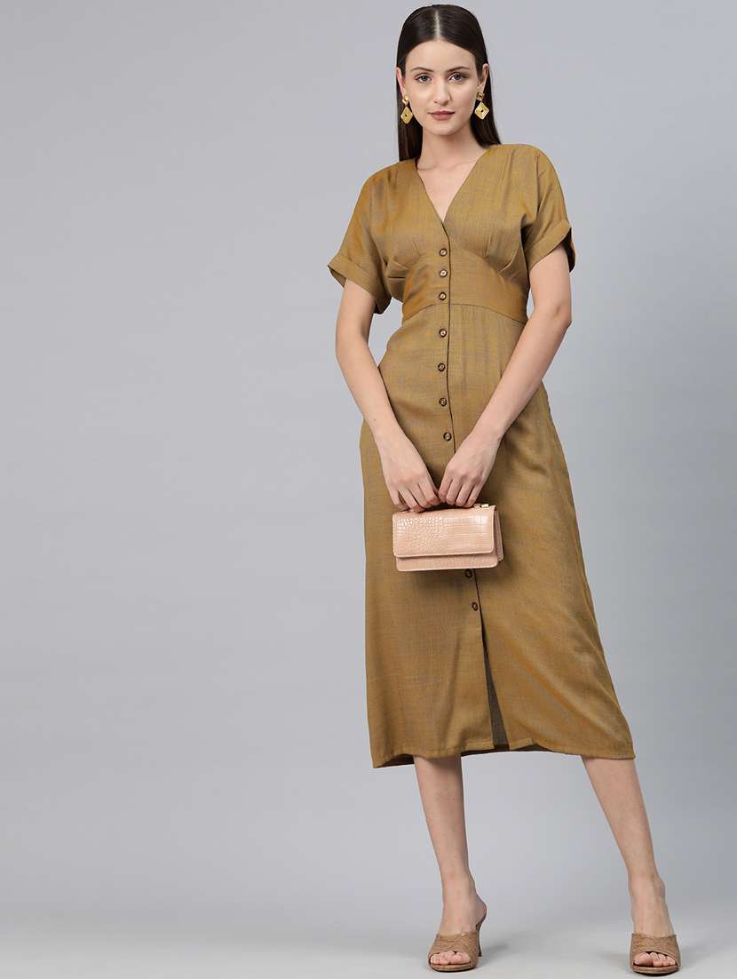 women brown solid v neck a-line dress