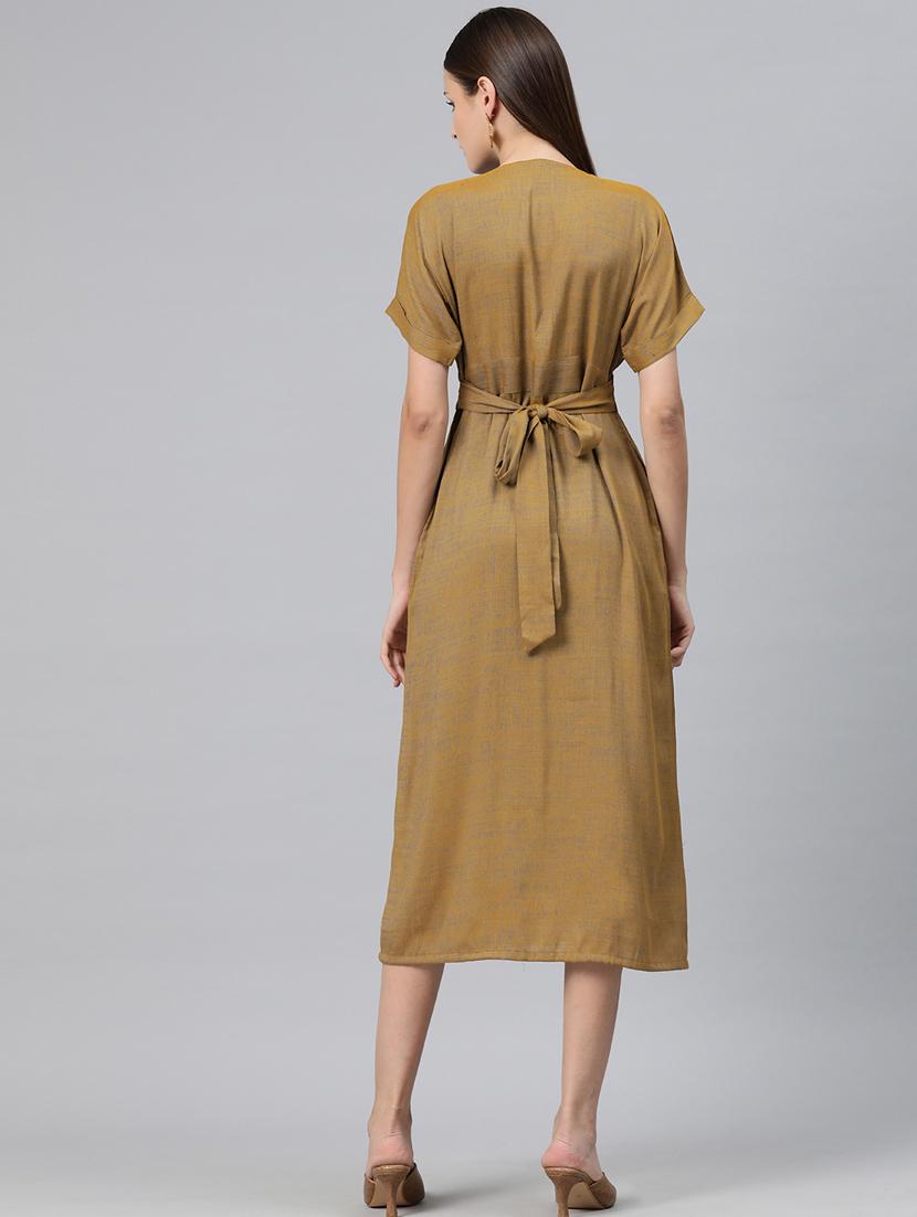 women brown solid v neck a-line dress - 20556376 - Standard Image - 2