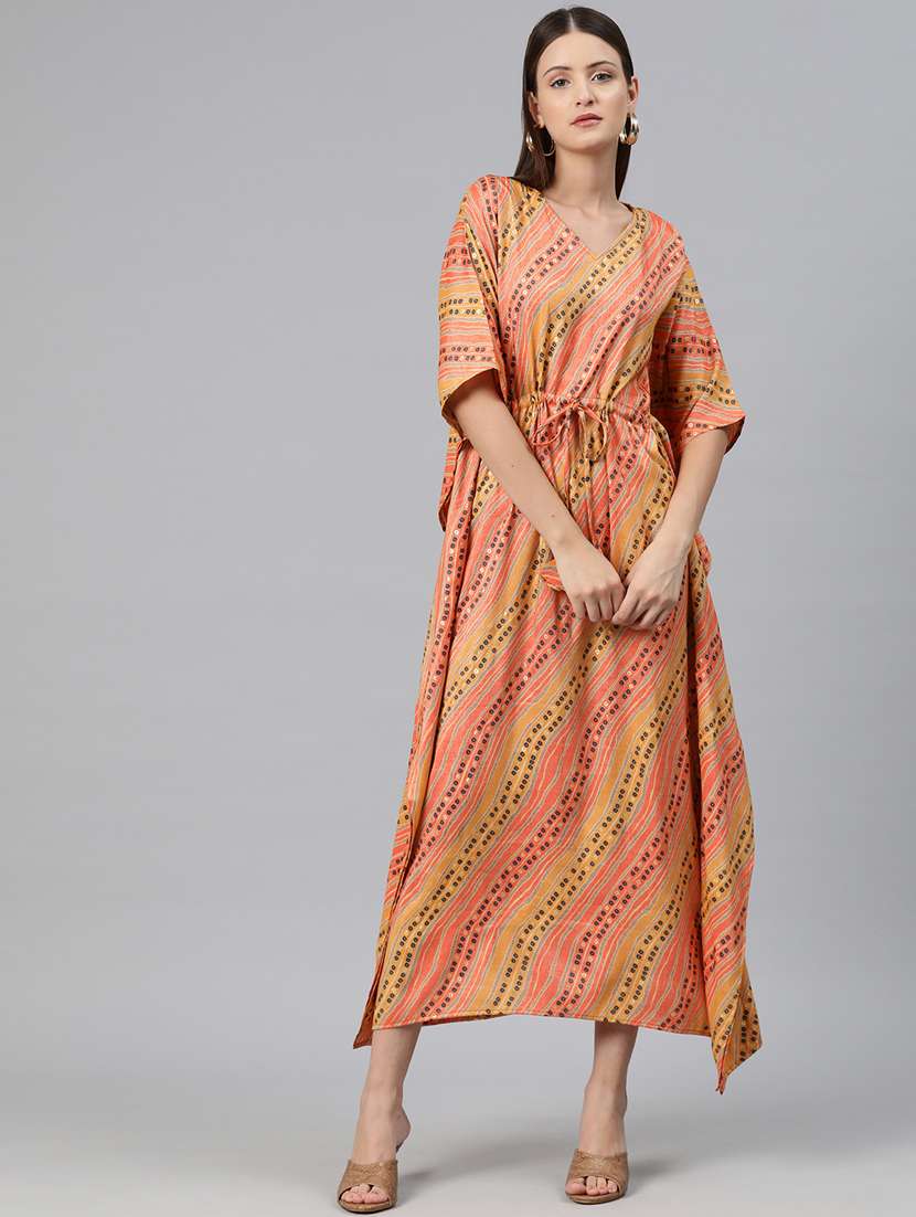 women printed v neck kaftan dress