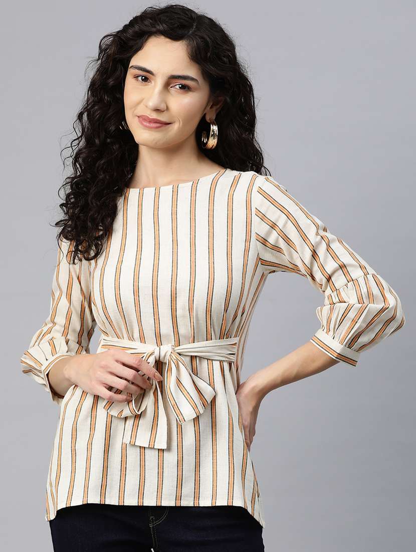 women striped top waist tie up