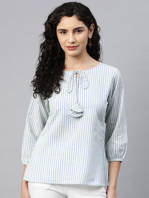 women striped tie up neck top - 20556408 - Standard Image - 0