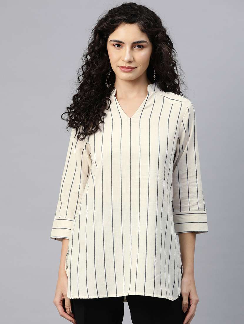 women striped mandarin neck regular top