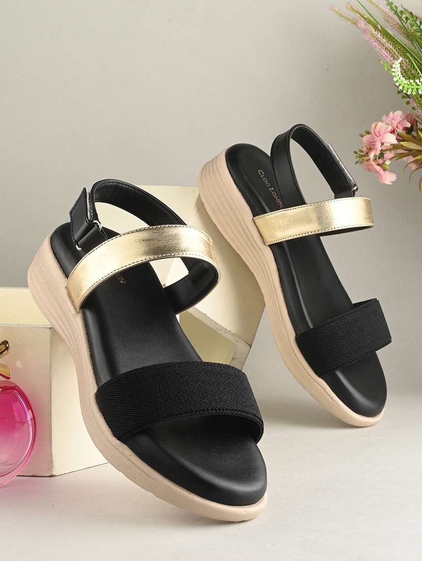 black solid back strap wedge sandal