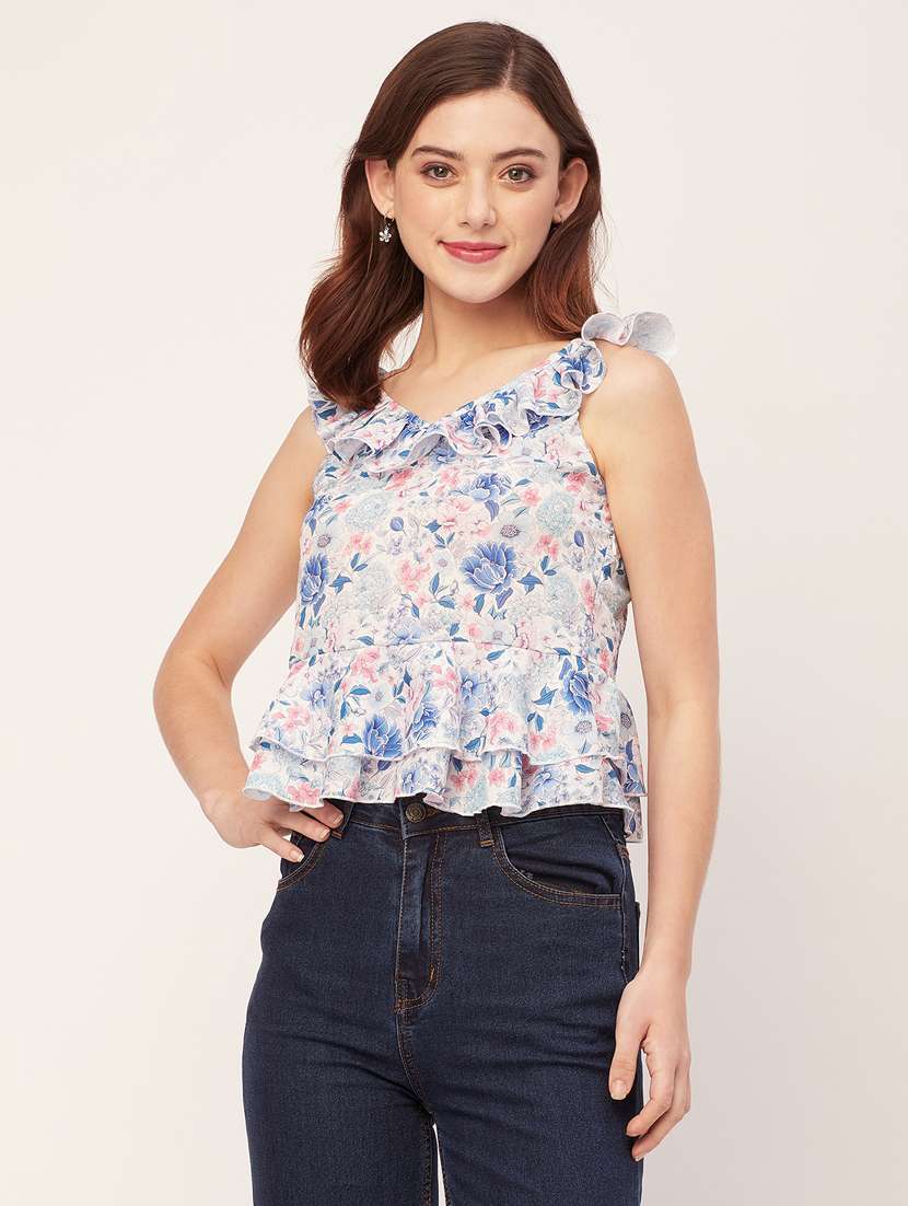 women floral printed layered ruffle detailed top