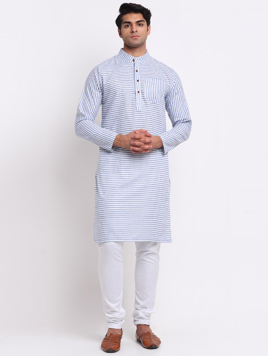 men blue & white striped long kurta
