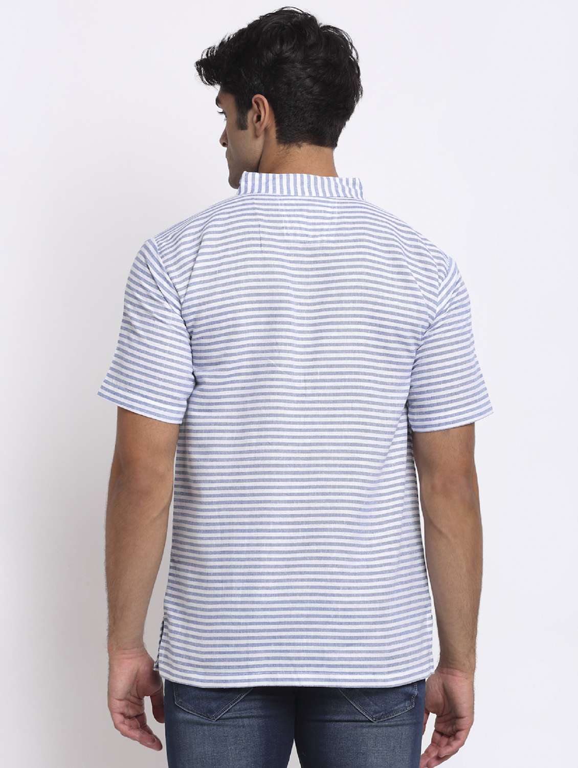 men blue & white striped short kurta - 20560877 - Standard Image - 2