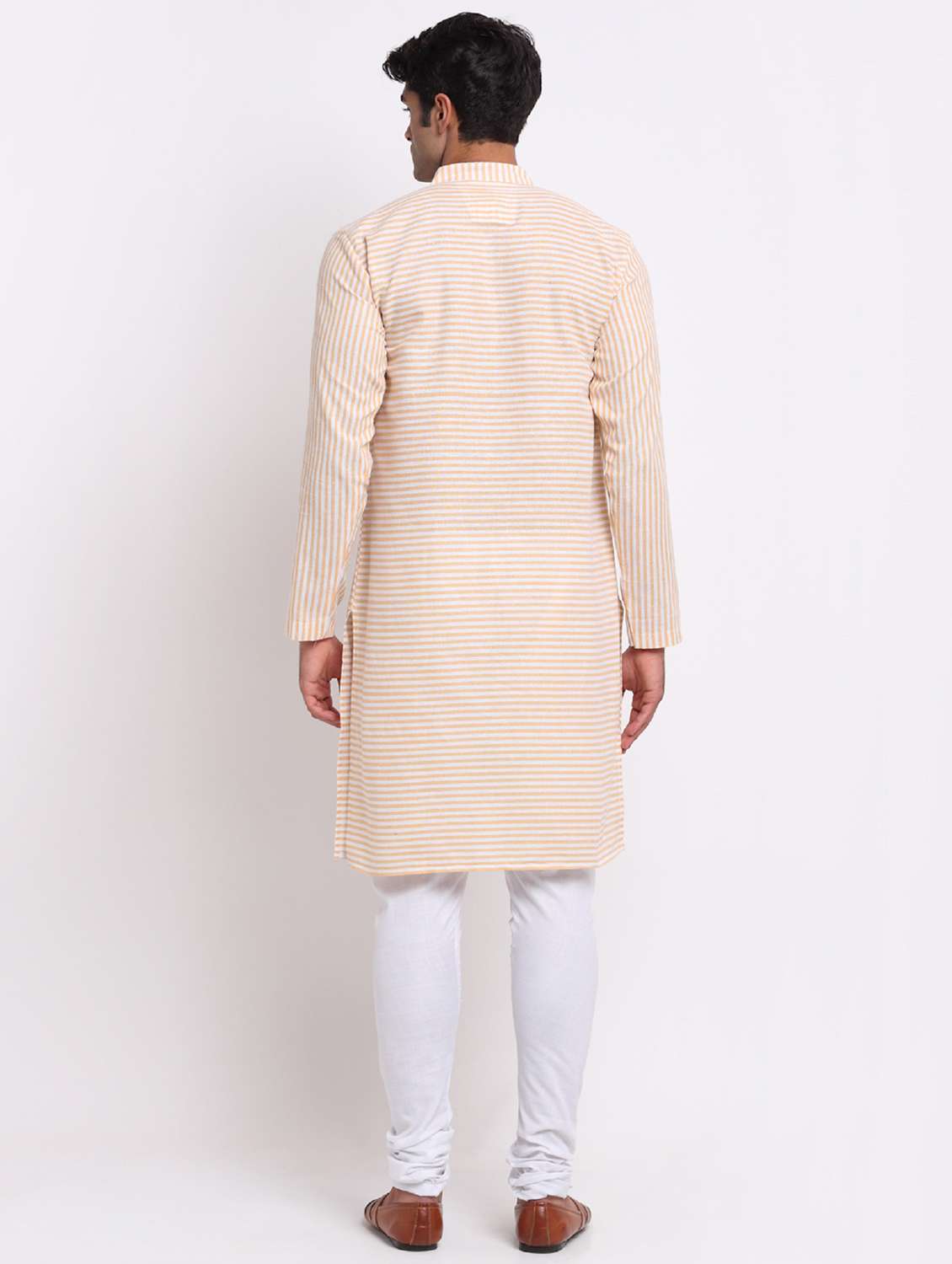 men yellow & white striped long kurta - 20560878 -  Standard Image - 2