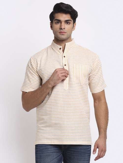 men yellow & white striped short kurta - 20560879 -  Standard Image - 0