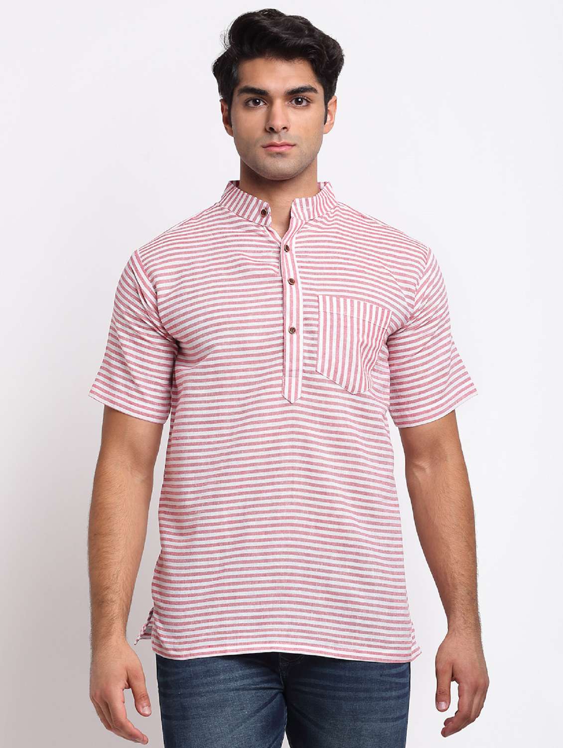 men red & white striped short kurta