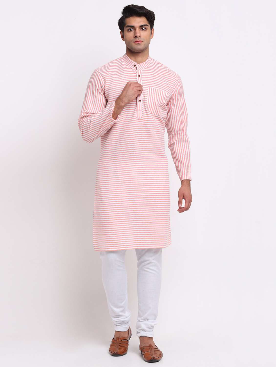 men peach & white striped long kurta