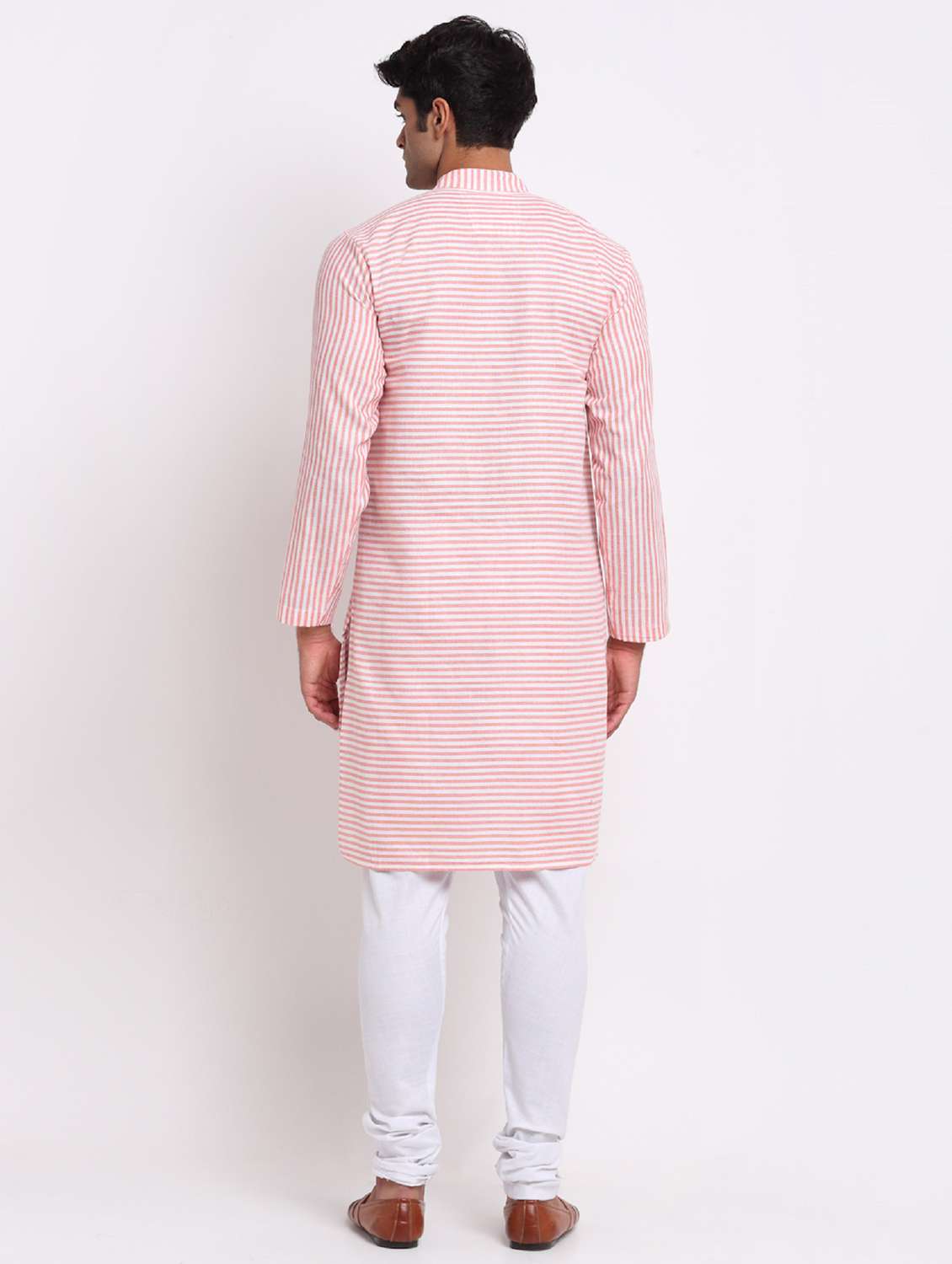 men peach & white striped long kurta - 20560884 -  Standard Image - 2