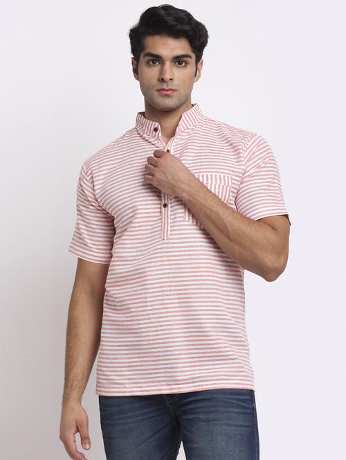 men peach & white striped short kurta - 20560885 - Standard Image - 0